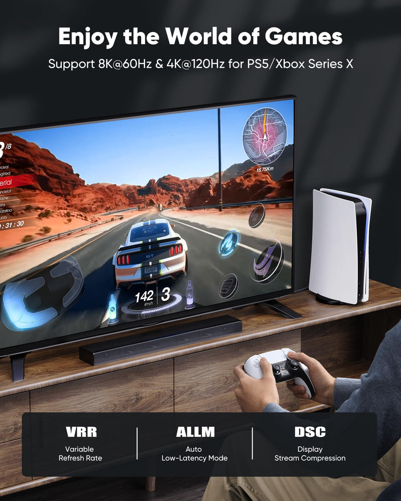 Capshi 50ft 8K 4K@120Hz HDMI Cable Long, Fiber Optic 48Gbps High Speed Cord for PS5/4, TV, Gaming Console, Monitor, 8K@60Hz, 2K@240Hz, 144Hz, Support HDR, eARC, DTS:X, HDCP 2.2 & 2.3, Grey 50 feet