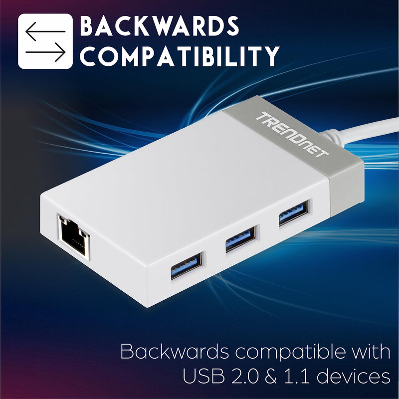 TRENDnet USB C to Ethernet Gigabit Adapter, TUC-ETGH3, Compact USB Type C Hub, 3 x USB 3.0 Ports, 1 x RJ-45 Gigabit Ethernet Port, Windows and Mac Compatible, White USB-C 1 x Gigabit| 3 x USB