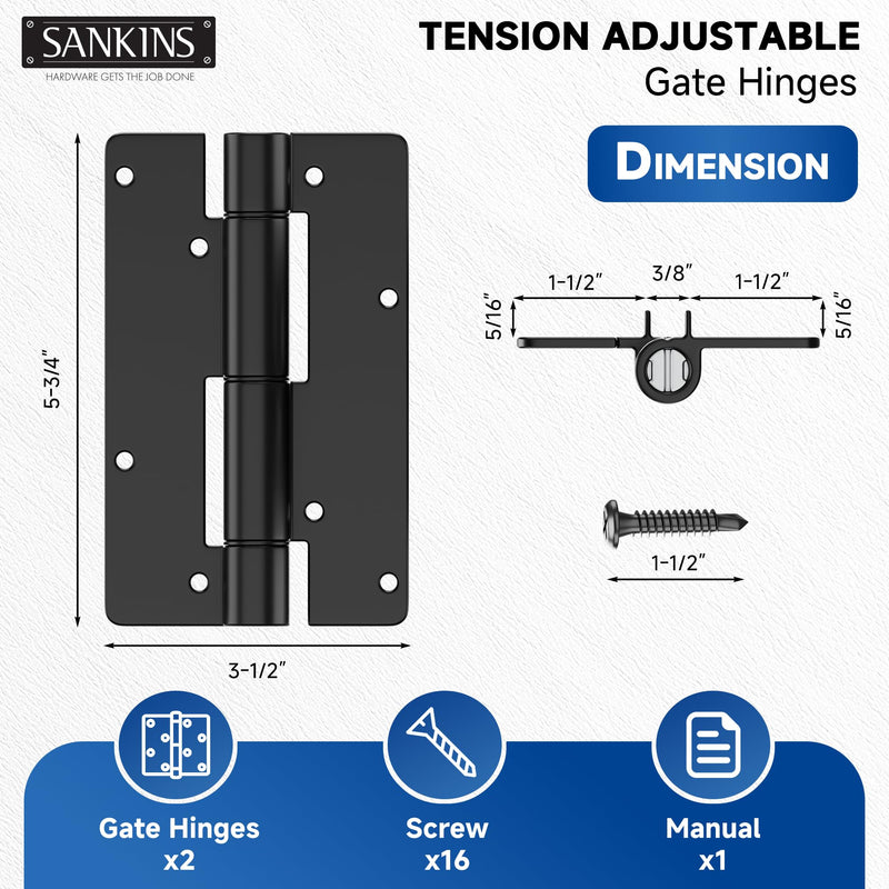 5-3/4" Adjustable Self Closing Aluminum Gate Hinges, Heavy Duty Gate Hinges for Metal Gates, Non-Legged Door Hinges Fence Gate Hinge for Pool Gate, Aluminum Gate, 2pcs, Black