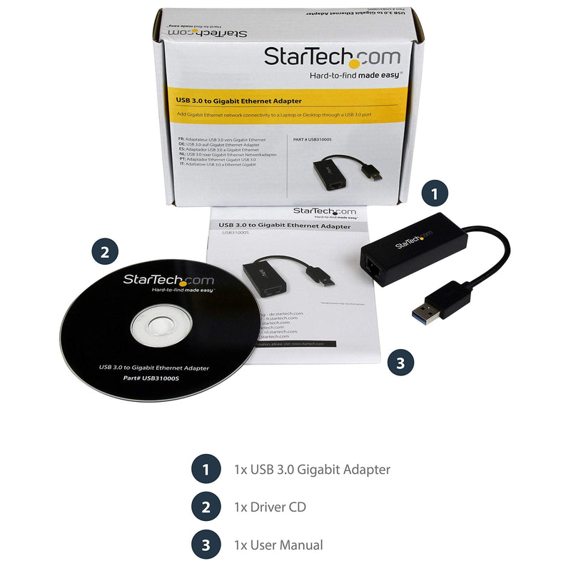 StarTech USB 3.0 to Gigabit Ethernet NIC Network Adapter - USB to RJ45 for 10/100/1000 Network USB-A 1Gbps Black