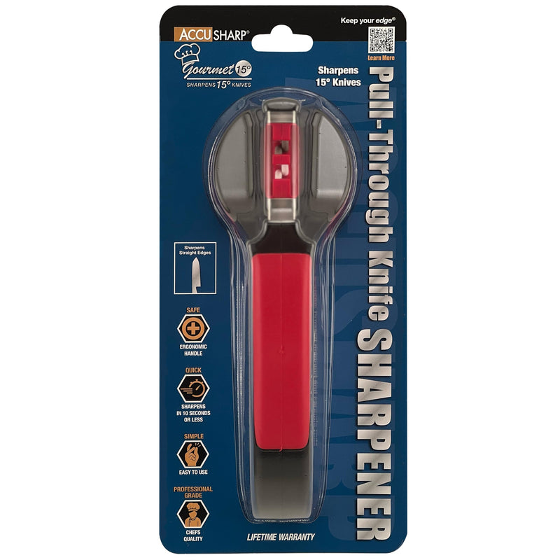 AccuSharp Gourmet 15º Pull-Through Knife Sharpener, Helps Repair, Restore, Polish & Hone Blades, 2 V-Notched Sharpening Slots for Straight & Serrated Gourmet Knives Red