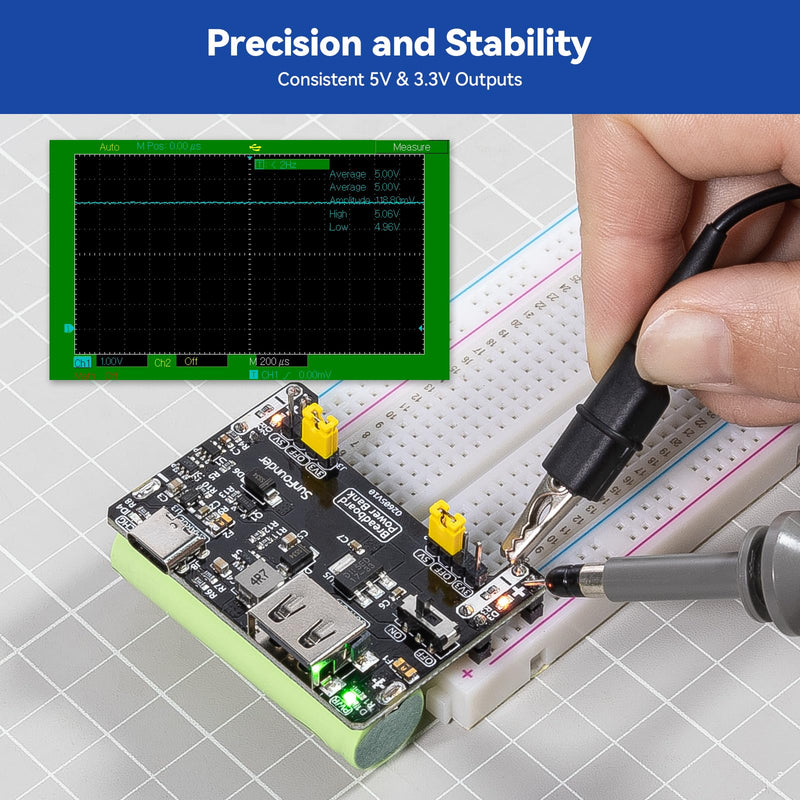 SunFounder BreadVolt Breadboard Power Supply Module Built-in Rechargeble Battery Compatible with Arduino, Raspberry Pi, Pico W, ESP32, 5V/1.5A, 3.3V/1A, USB Output (Breadboard NOT Included)