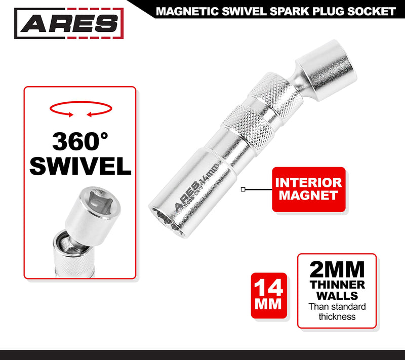 ARES 11000-14mm Thin Wall Magnetic Swivel Spark Plug Socket - 3/8-Inch Drive 12-Point Spark Plug Socket - Walls 2mm Thinner Than Standard Spark Plug Sockets 14mm Swivel Spark Plug Socket
