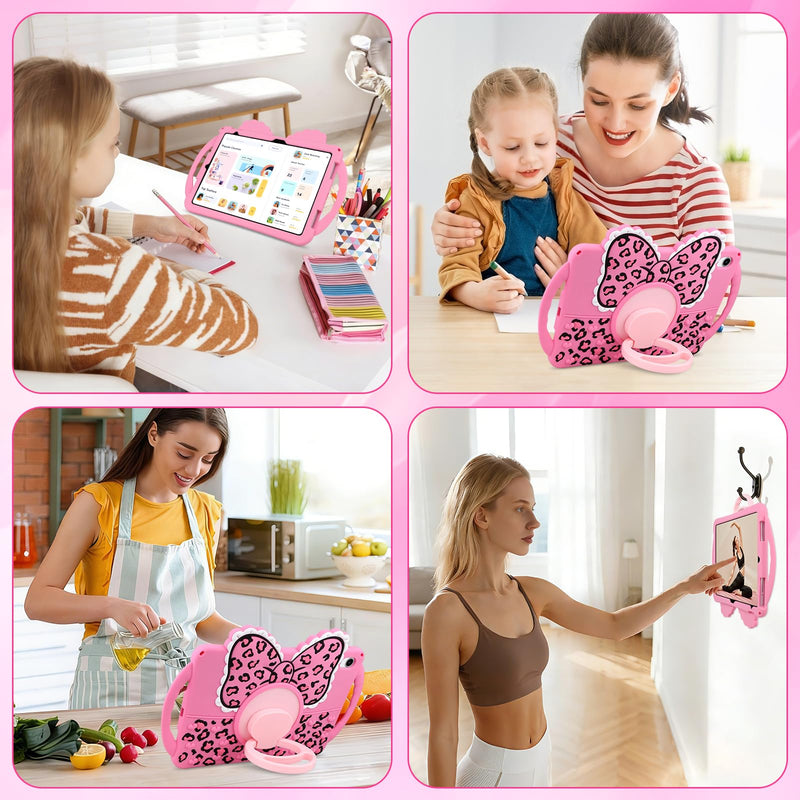 JAKPAK Kids Case for iPad (A16) 11th 10th Generation 11" 2025/10.9 in 2022 | Built-in 360° Rotating Kickstand, Double Handle, Cute Bow Leopard Print Soft Silicone Cover, Girly Kids Friendly, Pink