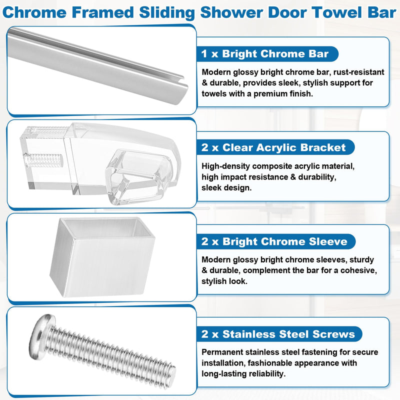 Glass Shower Door Towel Bar 30" Bright Chrome Compatible with Alumax Basco Sliding Shower Door Handle Replacement w/Silver Transparent Brackets Fits Framed Shower/Tub Enclosure Doors Up to 31" Wide 30" Chrome Towel Bar