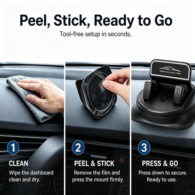 Adhesive Dashboard Car Phone Holder 360 Degree Rotation, Anti-Slip Silicone Base & Spring Clip for Hands-Free Navigation, Compatible with iPhone and Android Phones 4-7 Inches, Black black-with Adhesive Silicone Base
