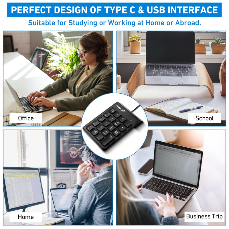 Type C Number Pad, USB 19 Keys Mini Number Keyboard Plug & Play Financial Accounting Numpad Office Home Portable Slim Numeric Keypad for Laptop Phone PC Tablet Notebook (Black) Black