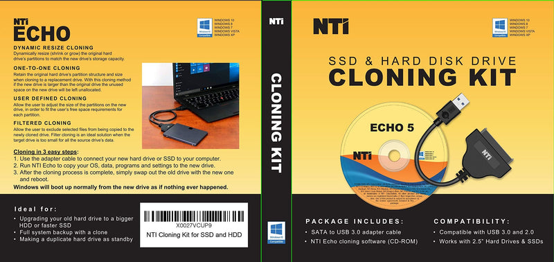 NTI Cloning Kit | Best for SSD and HDD Upgrades | Disk Cloning and Migration Software | Software via DOWNLOAD and CD | SATA-to-USB Adapter Included for 2.5" SSD and HDD