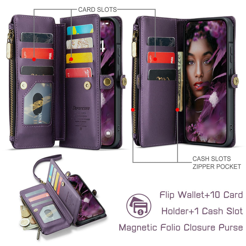 Defencase for Samsung Galaxy A57 5G Wallet Case with Card Holder, Purple | RFID Blocking, Zipper Pocket, Durable PU Leather, Wrist Strap, Fashion Snap Flip Phone Cases Cover with Stand for Women Men