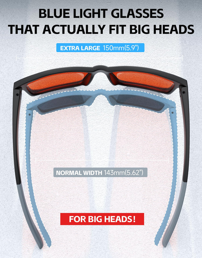 DEAFRAIN Blue Light Blocking Glasses for Men Women for Screen Glasses | XL Size, Big Heads, Computer Gaming TV, Anti Eye Strain Matte Black/Grey Gaming-Orange