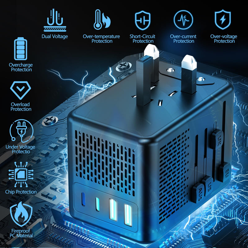 220V to 110V Voltage Converter US to Europe for Hair Dryer with Fast Charging 2 USB A 2 USB C, Power Converter Adapter Combo International Adapter A C G I (Black) Black