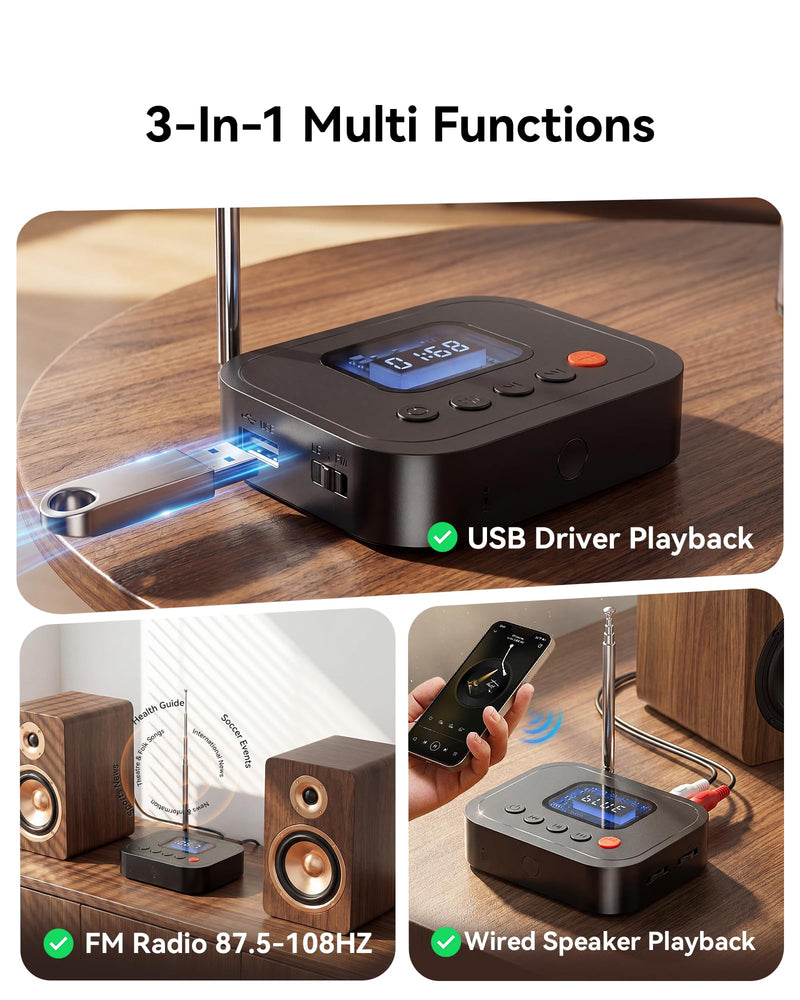 Bluetooth 6.0 Audio Receiver, 3-in-1 Wireless Adapter with FM Radio, U-Disk Playback, HD LED Display, Remote Control, Dual Output, Long Battery, Wireless Upgrade for Home Amplifier & Wired Speakers