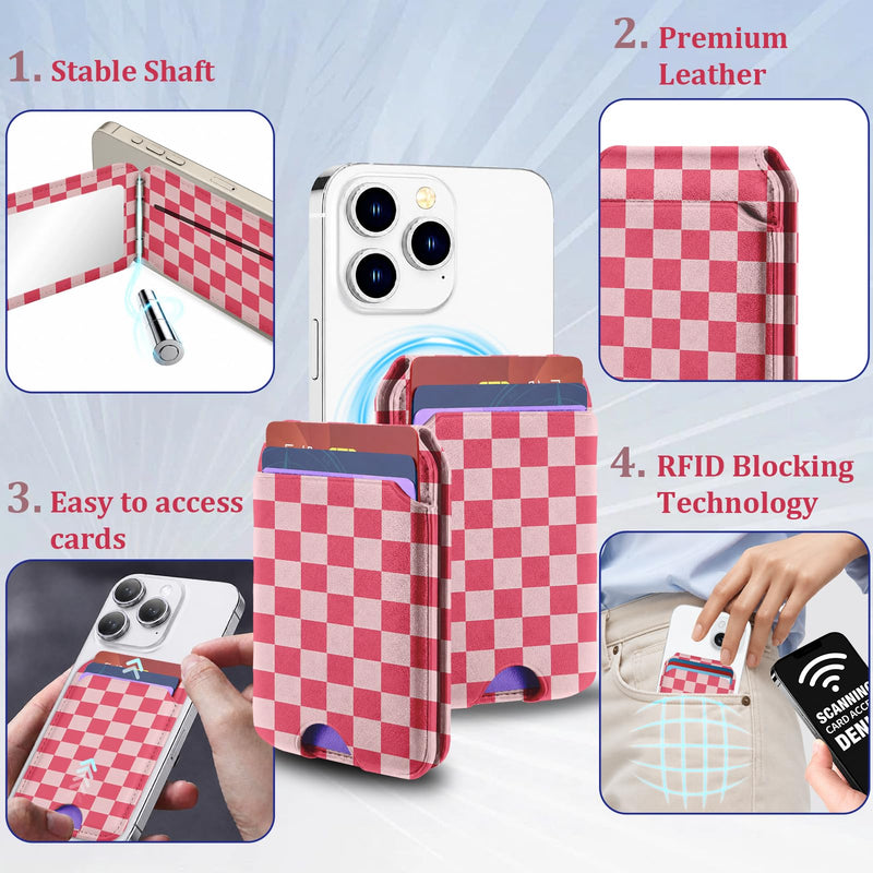 bolimoss Checkered for Magnetic Wallet with Makeup Mirror, Cute Leather Magnetic Card Holder for iPhone, Phone Wallet with 2 Card Slots & Adjustable Stand for iPhone 17/16/15/14/13/12 Series(Pink) Rose Red Checkerboard