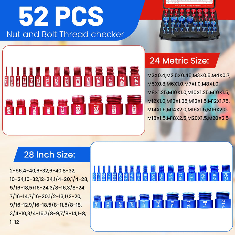 52PCS Thread Checker Kit – SAE & Metric Bolt Thread Checker, Nut & Bolt Size Finder Tool (28 SAE + 24 Metric) – Thread Gauge for Quickly Identifying Screw, Nut, and Bolt Sizes 52