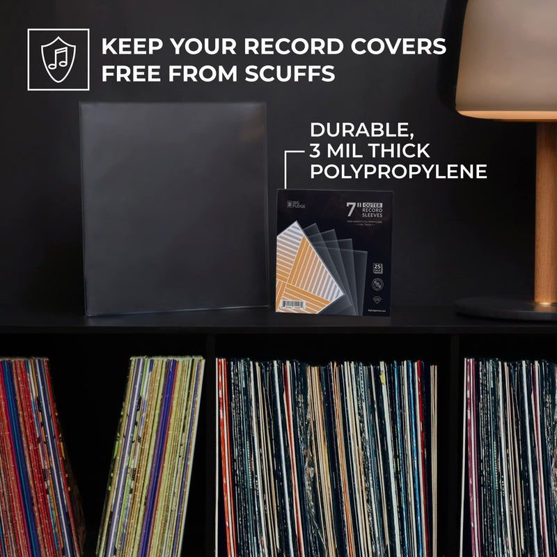 BIG FUDGE 25x Vinyl Record Outer Sleeves 7 inch | Durable & Wrinkle-Free | Crystal Clear & Made from High-Density Polypropylene | Best Vinyl Covers for LPs & Singles | 3 mil Thick, 7.42" x 7.42 7" 25