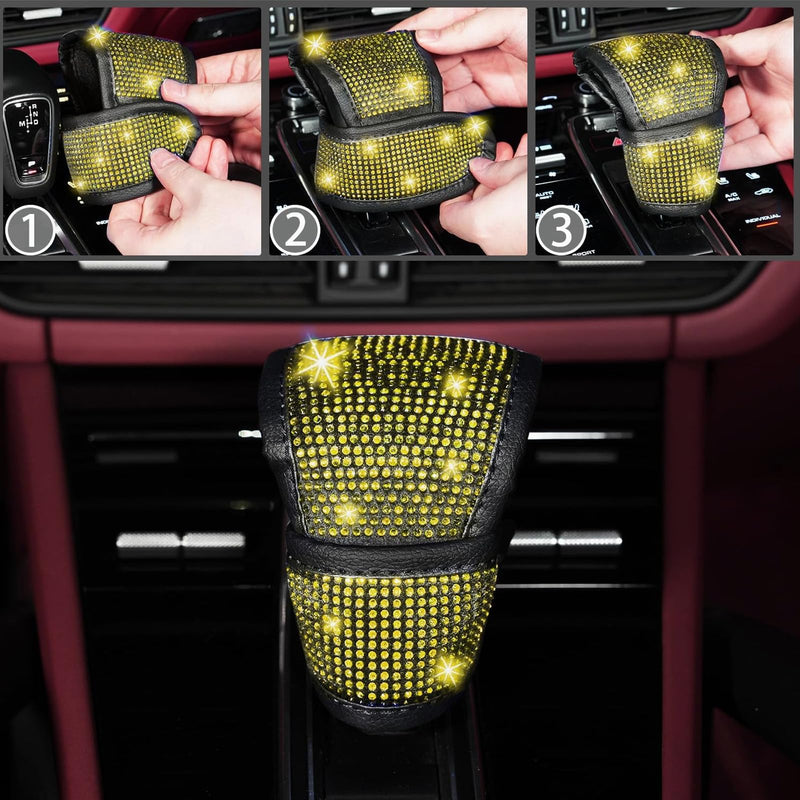 NBTEPEM 30 Pcs Yellow Bling Car Accessories Set for Women, Steering Wheel Cover Set, Bling Console Cover, Seat Belt Cushion, Shift Knob Cushion, Cup Holder Coaster, Rhinestone Car Hanging Accessories Yellow Diamond