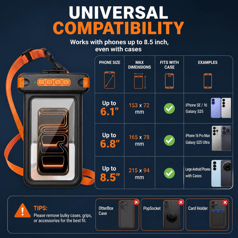 Sinkry Waterproof Phone Pouch Holder Underwater Dry Bay Case Outdoor Sports for Swimming Diving Floating Black