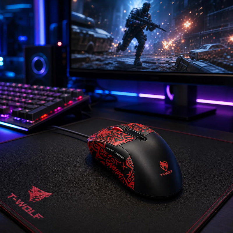 Wired Gaming Mouse, 7200 Adjustable DPI, 6 programmable Buttons, 3 Million-Click lifespan, 1.5-Meter Braided Cable, red Non-Slip Grip pad—for PC Gaming and Office use