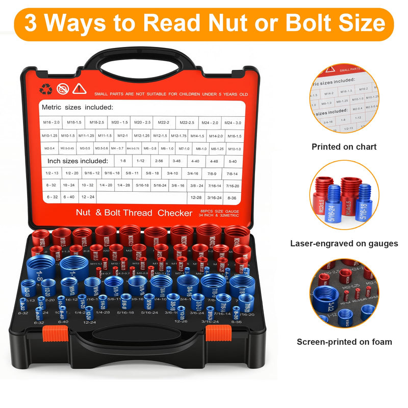 66 Pcs Nut and Bolt Thread Checker - 34 Standard & 32 Metric, Detachable Bolt Size Finder Tool, Screw and Nut Identifier Thread Gauge Especially for Tight Spaces 66 Thread Checker with Toolbox
