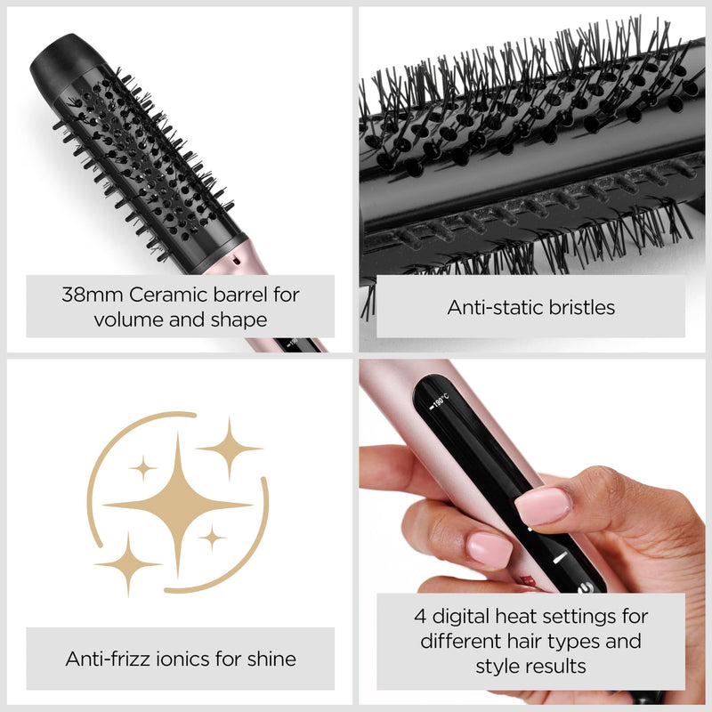 BaByliss Volume Boost Thermal Hot Brush - 38mm Barrel Heated Curling Brush, Ionic Frizz-Control, 4 Heat Settings, Multi-Voltage, Pink/Black, HSB200U Non-Rotating