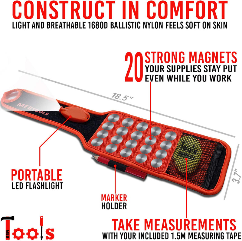 2 Magnetic Wristbands with Flashlight and Tape Measure – Screw, Drill Bit, and Nail Holder with 20 Strong Magnet Pieces Increases Convenience for DIY, Carpenters, Mechanics, and More by MEBTOOLS Adjustable Orange+black