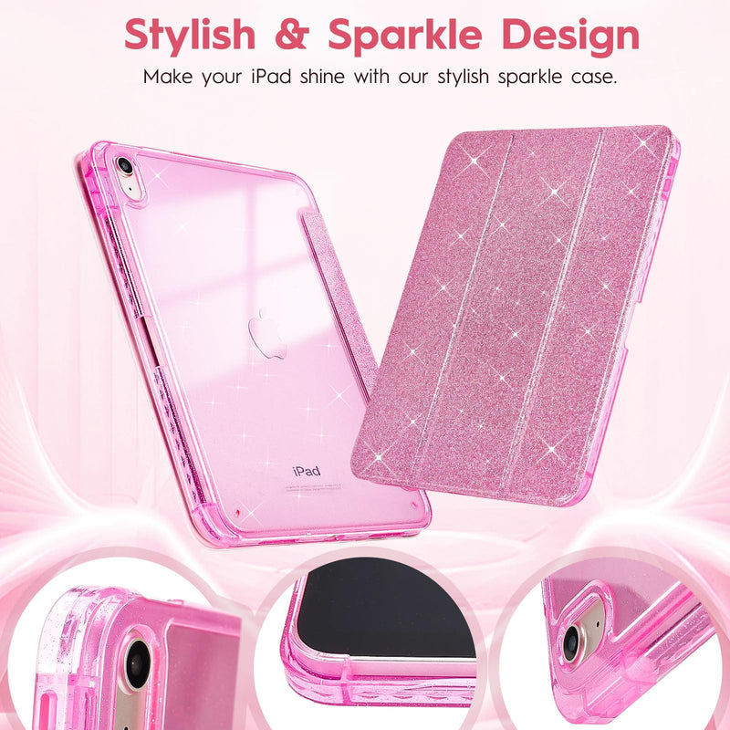 Case for iPad Air 11" M4/M3/M2 & 10.9" Air 5/4, Rose Red | Glitter Cover, Transparent Hard PC Back, Built-In Pencil Slot, Auto Wake Sleep, Shockproof TPU Bumper, Easy To Clean