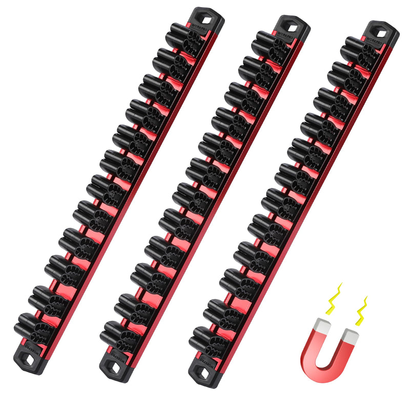 WORKPRO Magnetic Screwdriver Organizer and Wrench Organizer, Aluminum Rail Magnetic Tool Organizer, Tool Holder, Toolbox Organization, 36-Slot Screwdriver and Wrench Holder (Tools not Included) 3 Pack Red