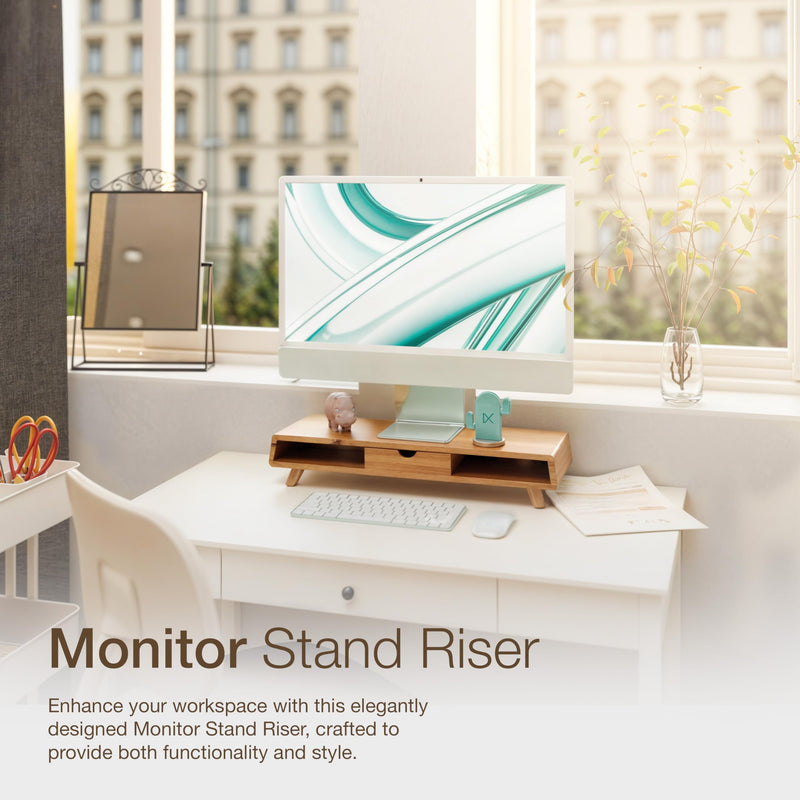 TINAMO Acacia Wood Monitor Stand with Drawer - Wooden Monitor Riser for Desk - Computer Monitor Stand for Desk - Multi-Purpose Desktop Storage Stand for Computer; Laptop; Printer; TV - 24.4 " x 8" x 5" (Patent Pending)
