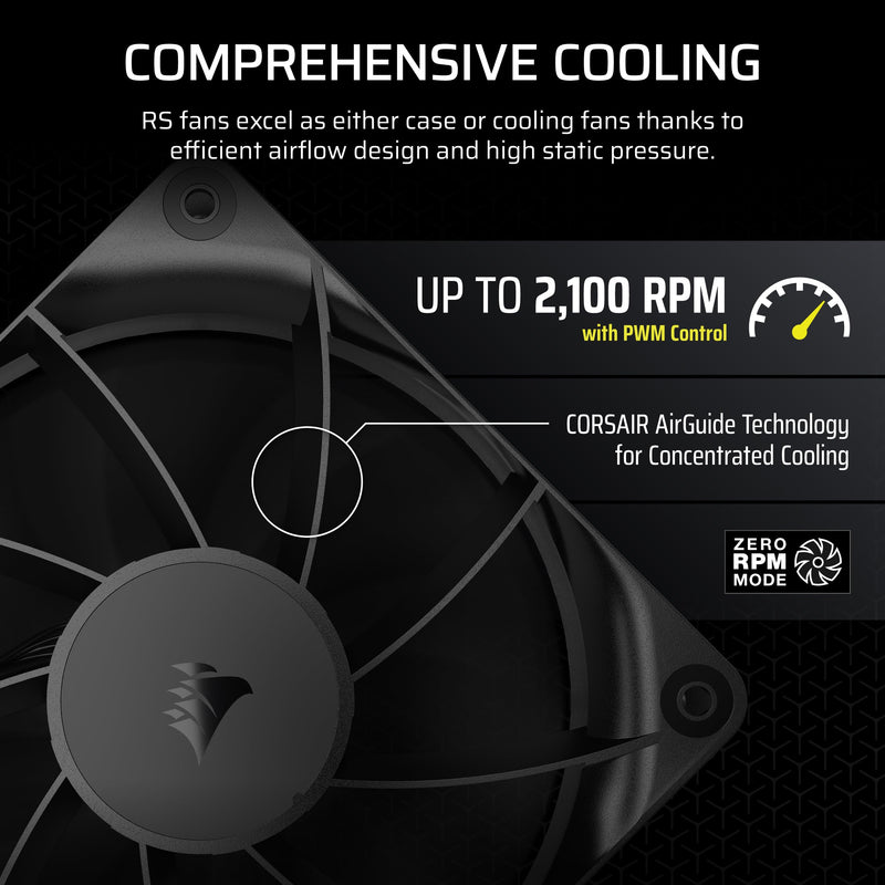 CORSAIR RS120 120mm PWM Fans – Daisy-Chain Connection – Low-Noise – Magnetic Dome Bearing – Triple Pack – Black Non-ARGB 3 x 120mm