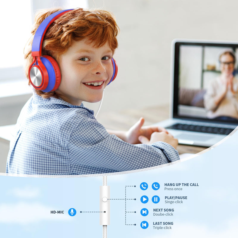 AILIHEN Kids School Headphones with Microphone & 3.5mm Jack, Red Blue | K-12 School Students Use, Travel, Comfortable, Kids & Teens, Duarable, Adjustable & Foldable, For Chromebook & Tablet