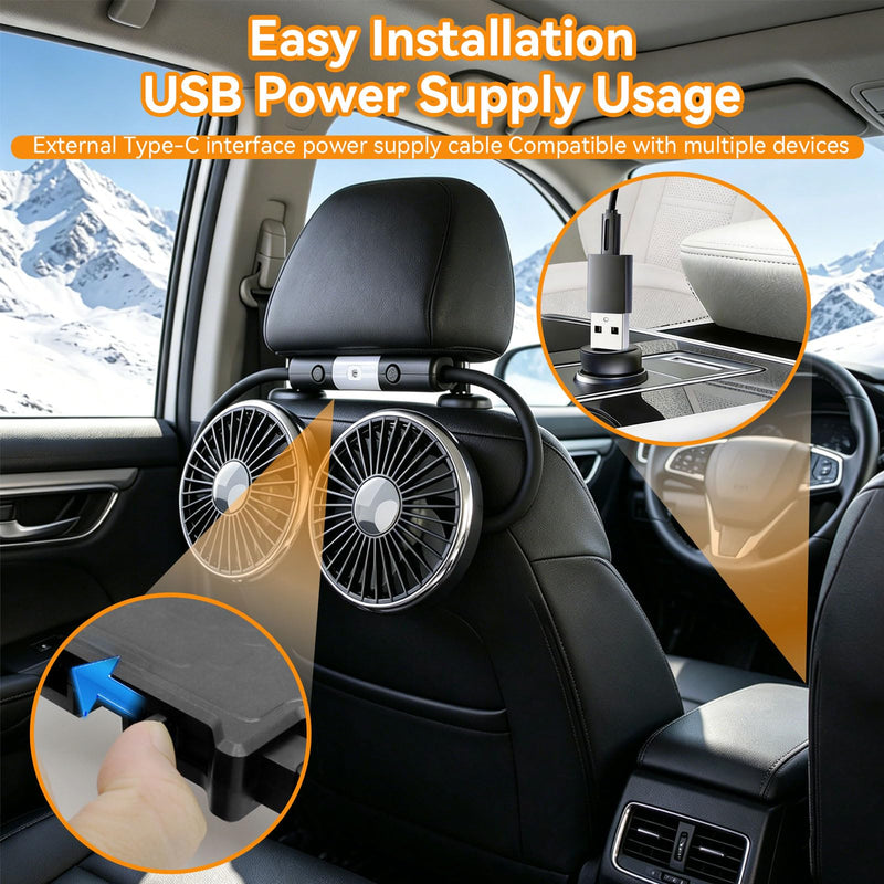 Car Fans for Backseat for Kids Baby Back Seat Carseat Headrest Rear Facing | 360° Flexible Hose 3-Speed USB Powered Dual Head Cooling Fan with Dual-Level LED Light for No AC Passengers (No Battery)
