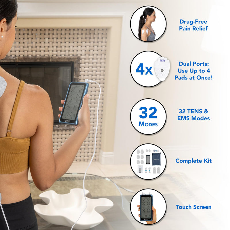 Dual Stim Touch TENS/EMS Unit – Rechargeable Touchscreen Muscle Stimulator with Dual Output Ports and 32 Massage & Stimulation Modes – Durable, Portable, Professional Quality Device