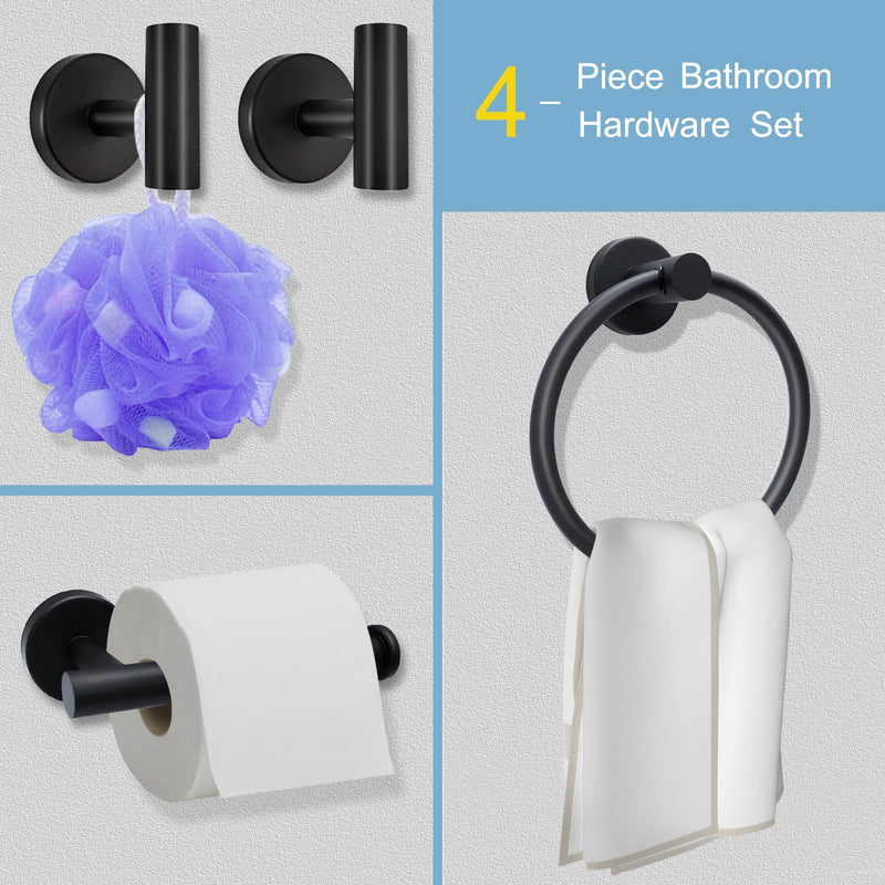 Matte Black Bathroom Hardware Set - Stainless Steel Wall-Mounted Toilet Paper Holder, Towel Ring & 2 Handy Hooks for Modern Bathroom Accessories | Rust-Resistant Towel Hook Set with Easy Installation 4PCS-SET