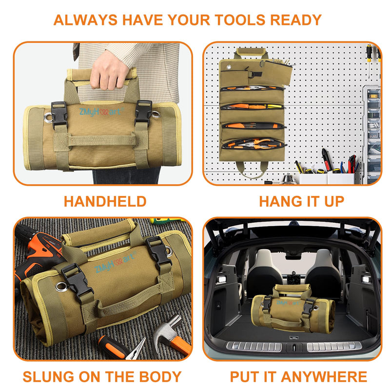 Tool Roll Up Bag, ZMyHeart Tool Organizer Bag,Tools Storage Box,11 Pouches,Grease Resistance,Tools Carrier Bag for Electrician,Mechanic,Plumber,Carpenter,Craftsman,Hobbyist,Gift for Men (Khaki) Khaki