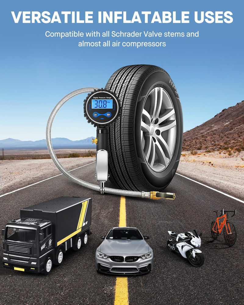 Vondior Digital Tire Inflator with Pressure Gauge 200 PSI - Large 2" Digital Dial, Heavy Duty Air Chuck and Compressor Accessories with Tire Tread Depth Gauge and Quick Connect Coupler Car Accessories 3-200 PSI