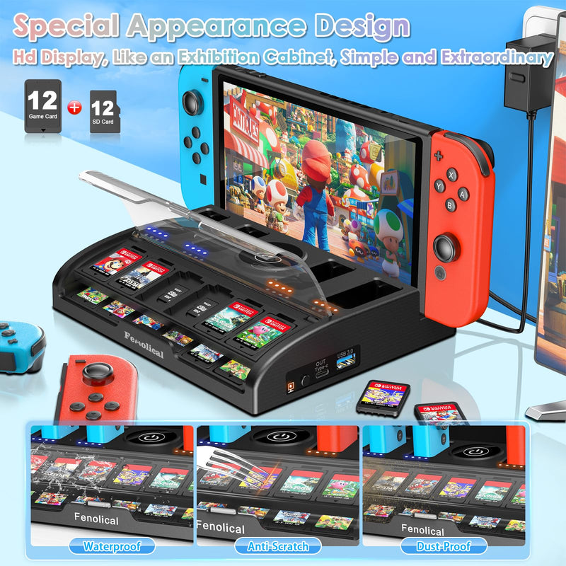 TV Switch Dock Station for Nintendo Switch/Switch OLED, Support 4K/1080P HDMI Switch Charger Docking Station for Joycon Controller Switch Accessories for PS3 Skins with 12 Game Slots (Black) Black