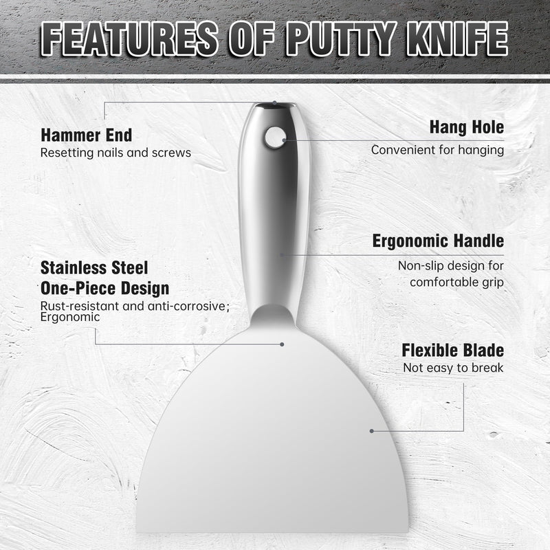 Fishark Putty Knife, 5 Pcs Putty Knife Set, 2" 3" 4" 6" 8" Stainless Steel Scraper, Spackle Knife, Wallpaper Scraper Paint Scraper Tool for Drywall Repair, Removing Wallpaper, Mud, Applying Plaster 2" 3" 4" 6" 8"