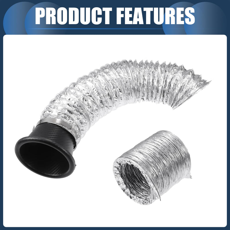 Air Intake Duct, Front Bumper Car Round Brake Air Duct with Extendable Flexible Hose and Hose Band Plastic Aluminum Black, 1 Set