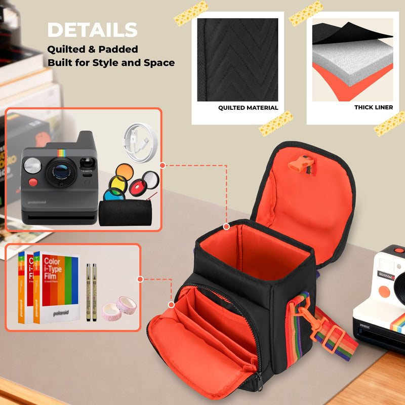 Camera Case for Polaroid Now 3rd/2nd Gen with Photo Display Window | Instant Camera Sling Bag with Clear Display Window, Quilted Front Pocket, 8mm Padding, Top Handle and Adjustable Strap, Black