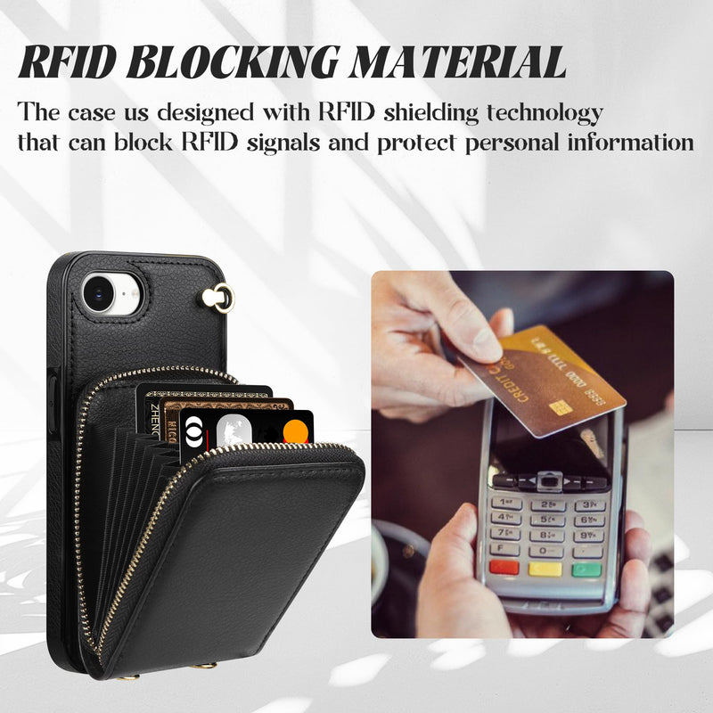 JAKPAK Wallet Case for iPhone 17e 16e with Card Holder & Crossbody Strap | Shockproof Leather Protective Phone Cover with Lanyard, Zipper Purse Case Women Men for iPhone 16e 17e 6.1 inch, Black iPhone 17e/16e 6.1”