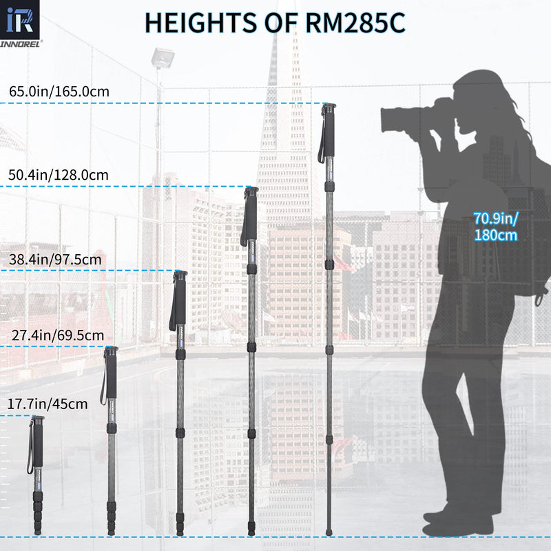 Carbon Fiber Camera Monopod INNOREL RM285C Professional Portable Compact Lightweight Travel 5-Section Monopod for Canon Nikon Sony DSLR Camera Video Camcorder DV Photography Bracket Load 22lbs/10kg 29.0mm max tube