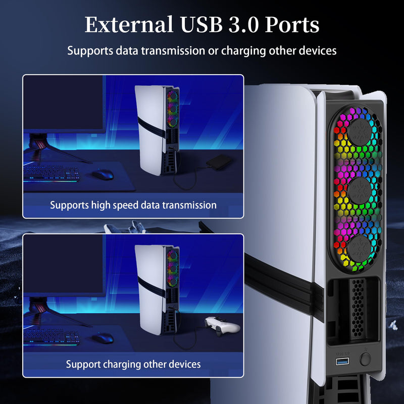 RGB PS5 Slim/Pro Cooling Fan, Auto Power Cooling System for PS5 Pro/Slim, Silent Cooler Fan with 3 Fans/3 Speed/USB 3.0 Port Compatible with PlayStation 5 Slim/Pro Digital and Discs Edition