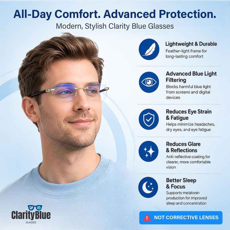 Clarity Blue Glasses for Women and Men Blue Light Blocking Glasses | Rimless Computer Screen Eyewear, Anti-Glare Slim Vision Lens, Eyeglasses, Gaming, Night Driving Use with Travel Case