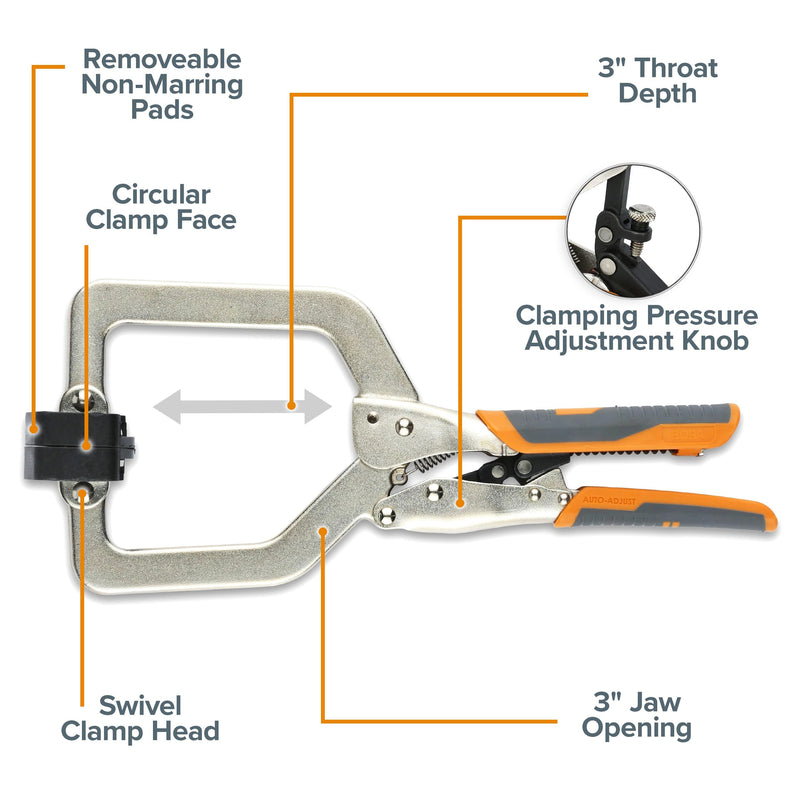 BORA Auto Adjust 3 inch Locking Vise Grip Clamp with Swivel Pads - Heavy Duty Welding Clamps with Comfortable Grips Perfect C Clamp for Woodworking, Welding, and Metalworking C Clamp w/ Swivel Pad