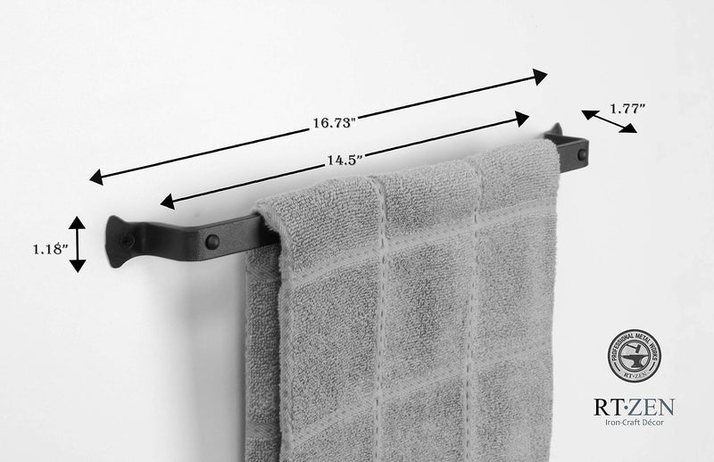 RTZEN Farmehouse Bathroom Towel Holder - Wrought Iron Matte Metal Black Towel Bar Wall Mount Rod - Handmade Home Decor Metal Kitchen Hanger Bar (17'' - Fits 14 Inch Towels) Medium Hammer-Nail