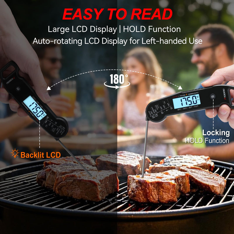 Professional Food & Meat Thermometer, 1 Sec Instant Read & ±0.5℉ Accuracy Driven by Thermocouple Sensor. IP67 Waterproof Digital Thermometer for Cooking, BBQ, Grill Gifts for Men Him Dad Birthday Black