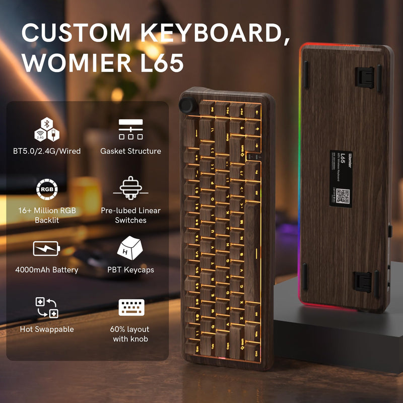 womier L65 60% Brown Mechanical Keyboard with Knob,4000mAh,Tri Mode USB-C/BT5.0/2.4G,RGB Backlit,Hot Swap,Linear Switch,Gasket Mounted Wireless Gaming Keyboard for PC/Mac,Wood Pattern Theme Wood Pattern theme