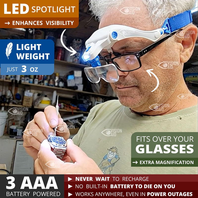 Vision Aid Magnifying Glasses with LED Light 5 Lenses Headband Case Hands Free Illuminated Optivisor Head Magnifier for Hobby Painting Close Work Jewelry Watch Repair 3AAA Battery Powered - Standard Set