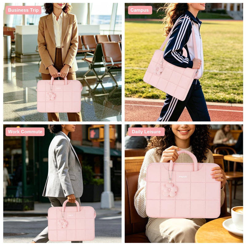 MOSISO Laptop Bag 16 inch, 15-15.6 inch Puffy Laptop Sleeve | Compatible with MacBook Pro 16/Air 15,HP Acer Dell, Messenger Briefcase Quilted Bag with Trolley Sleeve&Flower Pendant, Pink 15.6 inch