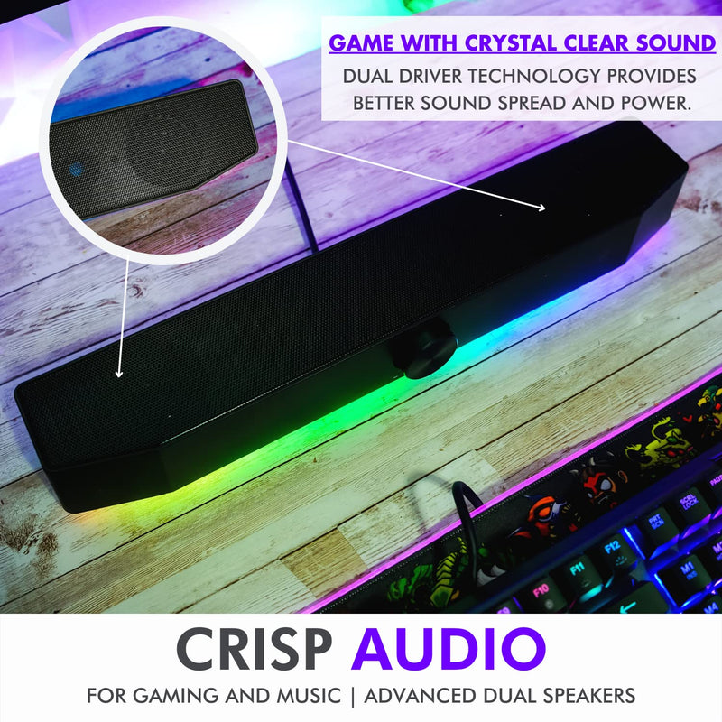 Tilted Nation Gaming Soundbar - Monitor Sound Bar for PC - RGB Computer Speakers for Desktop PC (Wireless or USB Wired) Crisp Audio and Adjustable LED Black